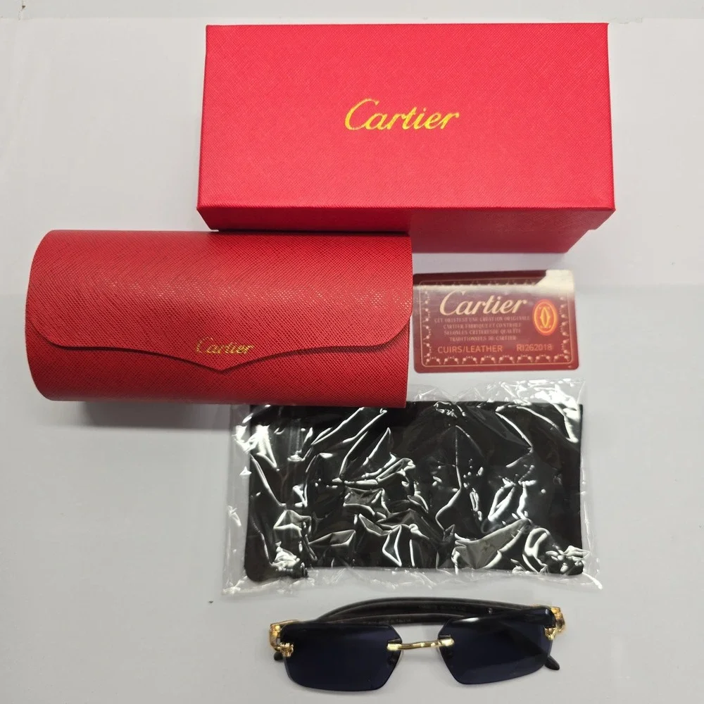 Cartier Panthere Rimless Sunglasses Gold Wood Blue Tint CT0065S